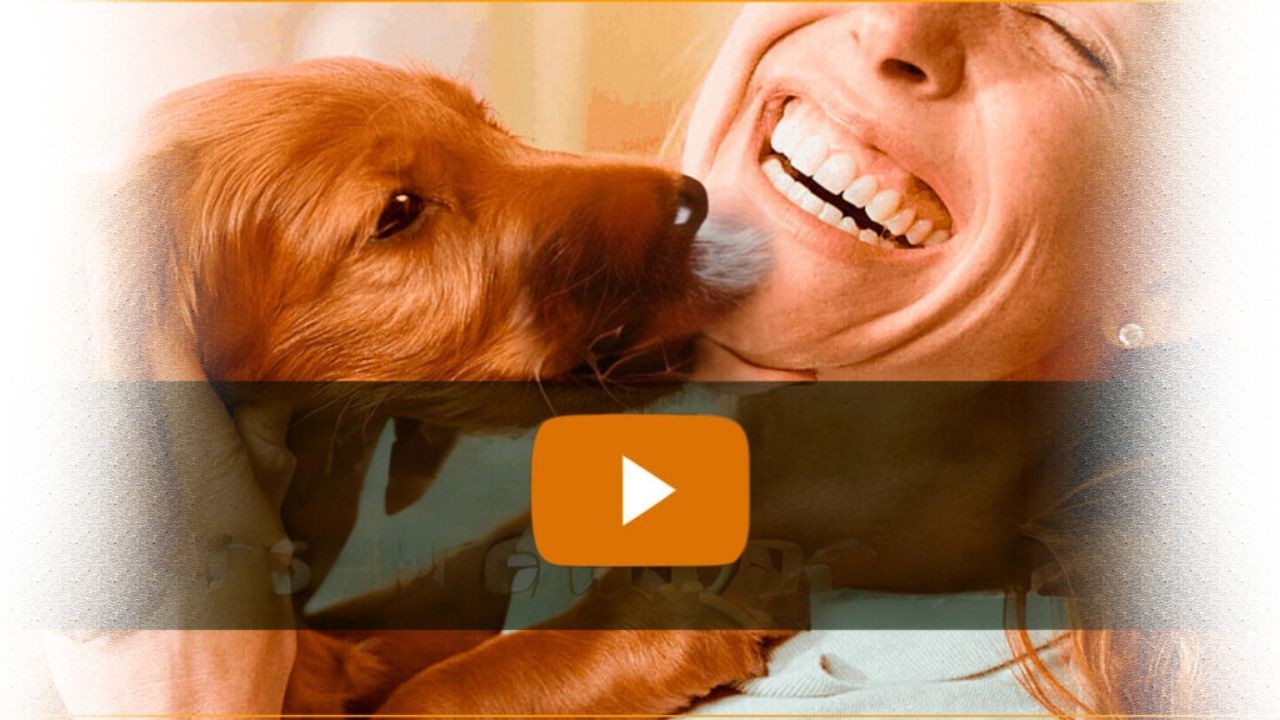 Woman laughing as a dog licks her face, with a play button overlay.